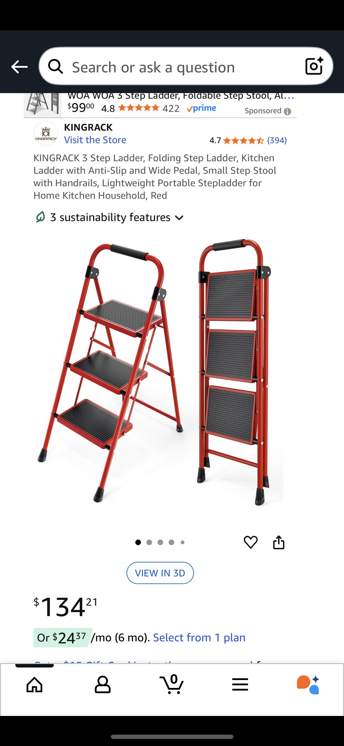 NEW – KINGRACK 3-Step Folding Ladder with Handrail – Red Steel Frame