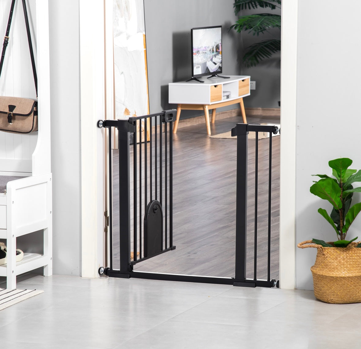 Extra-Wide Pet Gate with Small Door – Auto-Close, Double Lock, Pressure Mount