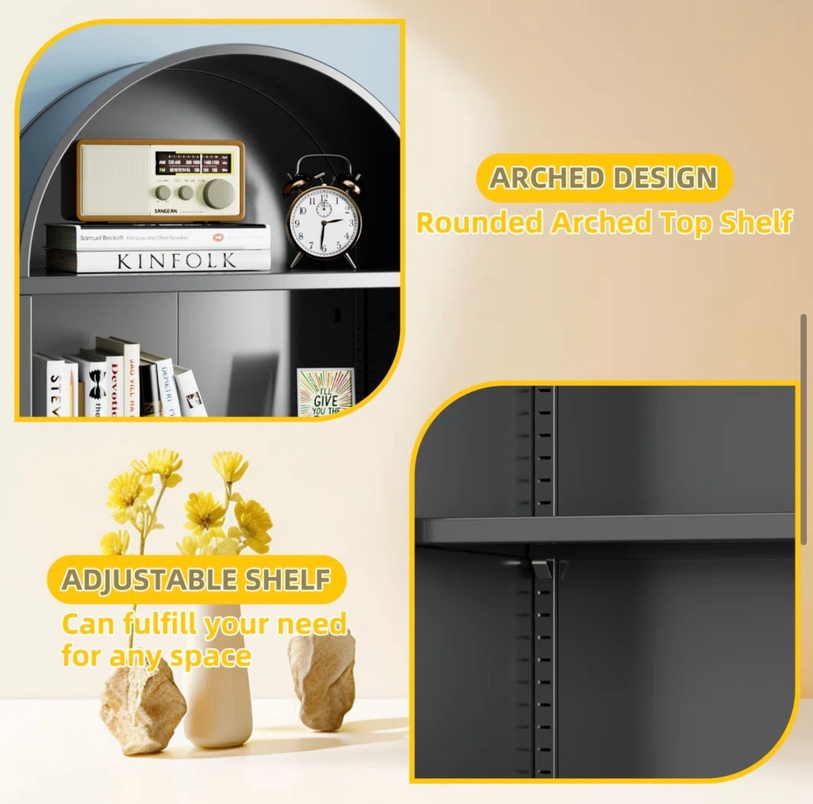 Modern Arched Metal Bookcase Cabinet