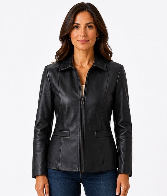 Women’s Fitted Black Leather Jacket – Sizes XS & 2XS