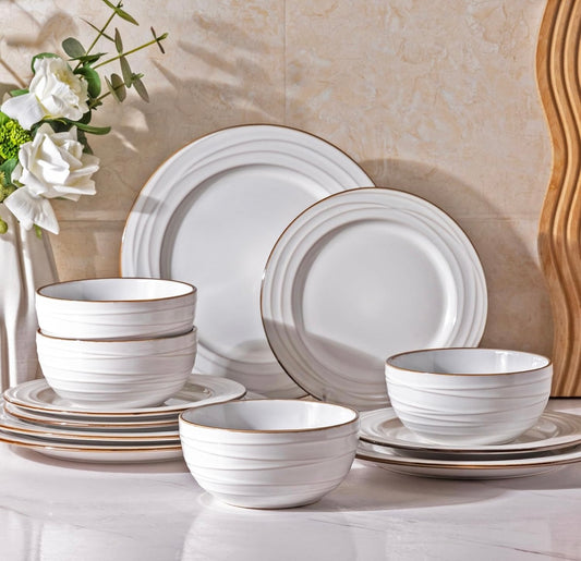 GBHOME 12-Piece Embossed Stoneware Dinnerware Set – Pearl White-Wave (40% Off Amazon Price)