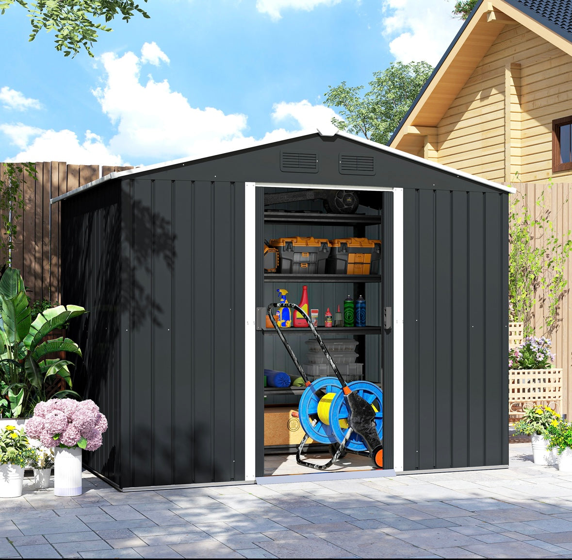 Outsunny 8×6 ft Metal Garden Storage Shed – Waterproof Steel Outdoor Tool Shed with Sliding Doors & Vents