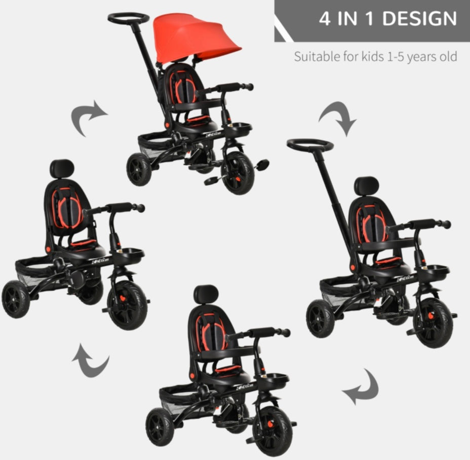 4-in-1 Kids Tricycle with Parent Handle, Adjustable Seat & Canopy – Reversible Seat, Storage Baskets & Safety Belt