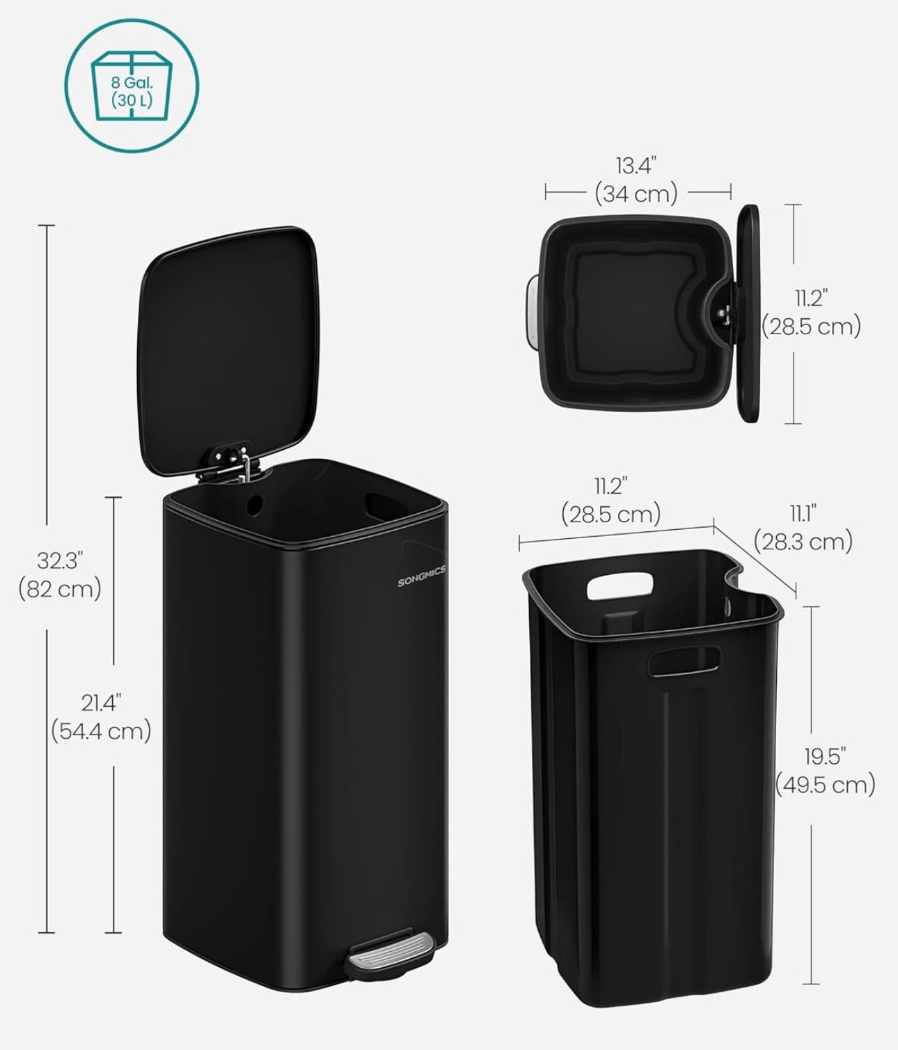 SONGMICS 8-Gallon Stainless Steel Step-On Trash Can
