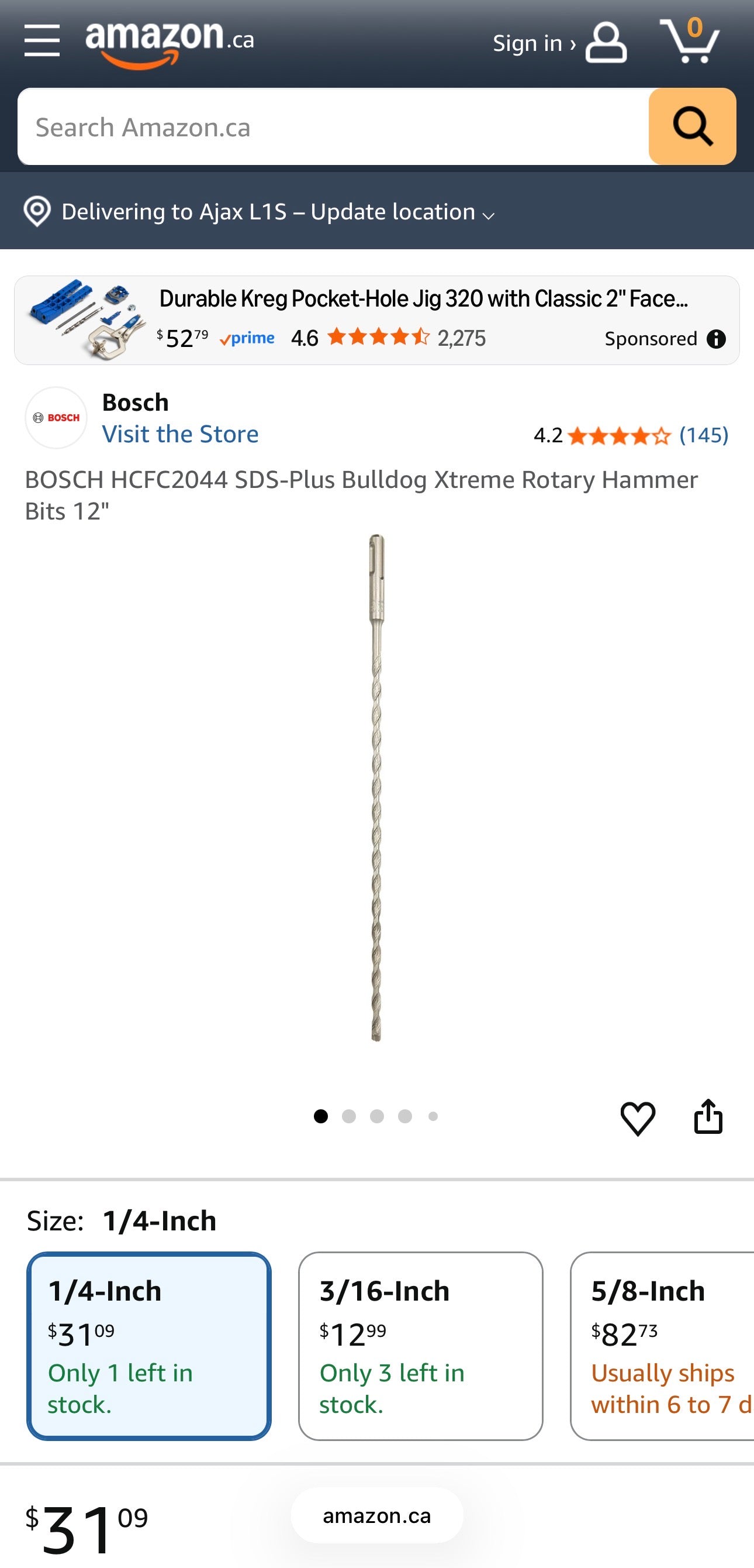 Bosch SDS-Plus Hammer Drill Bit – 1/4” × 12”