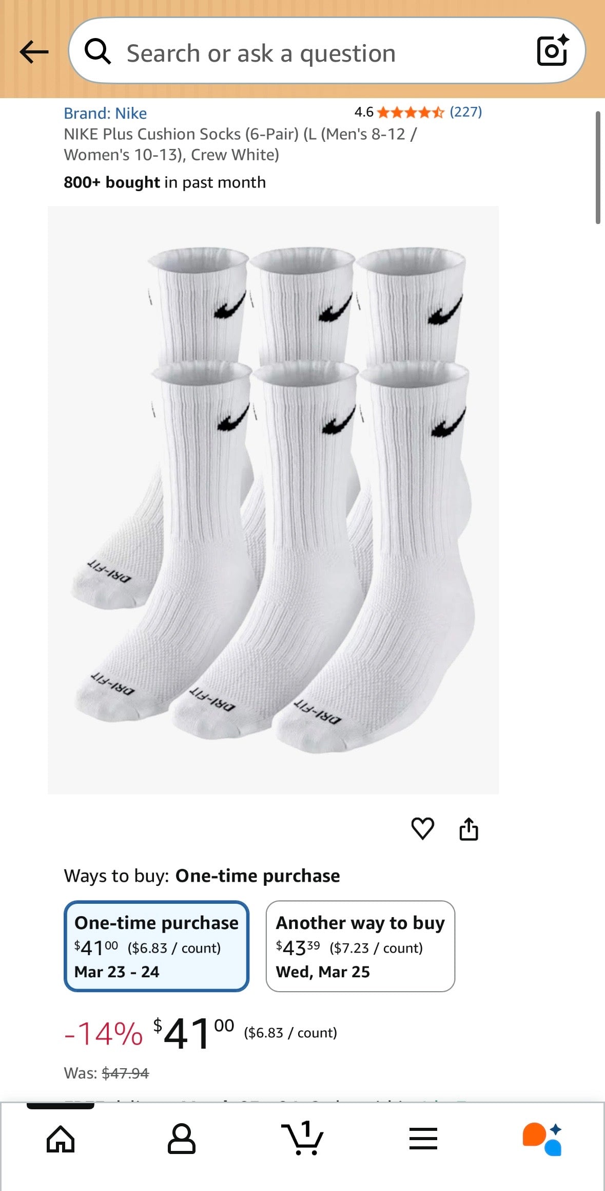 Nike Everyday Cushion Crew Socks – 6-Pair Pack (Black or White )