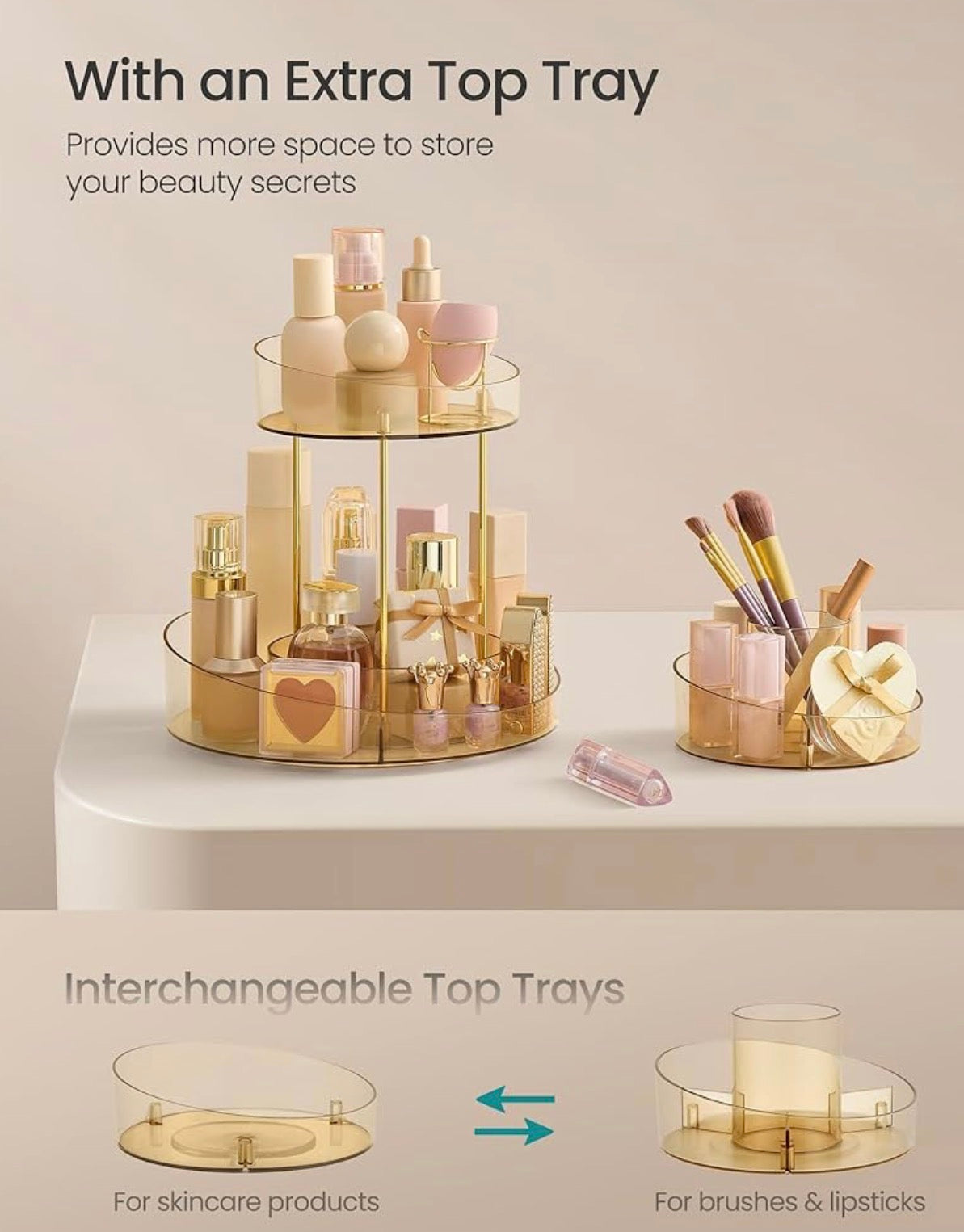 SONGMICS HOME 2-Tier Rotating Makeup Organizer with Extra Tray
