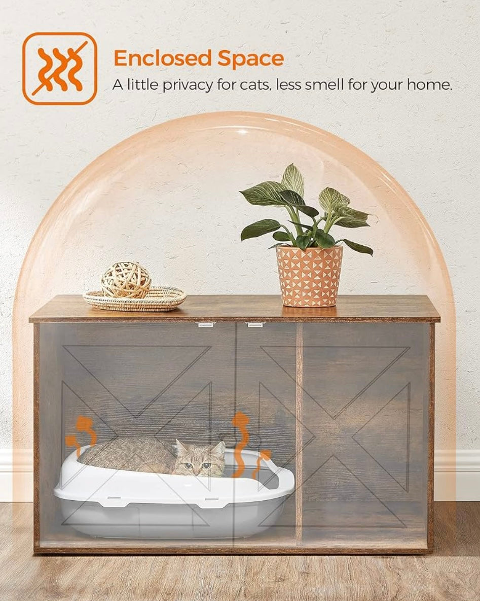 Rustic Cat Litter Box Enclosure with Barn Doors – Multi-Use Cat Furniture Cabinet (Brown Wood Finish)