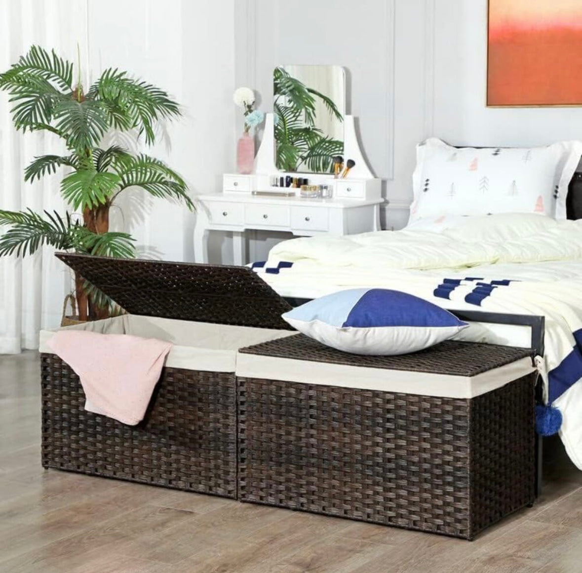 SONGMICS 160L Large Woven Laundry Basket with Lid – Foldable Rattan Storage Hamper (Brown)