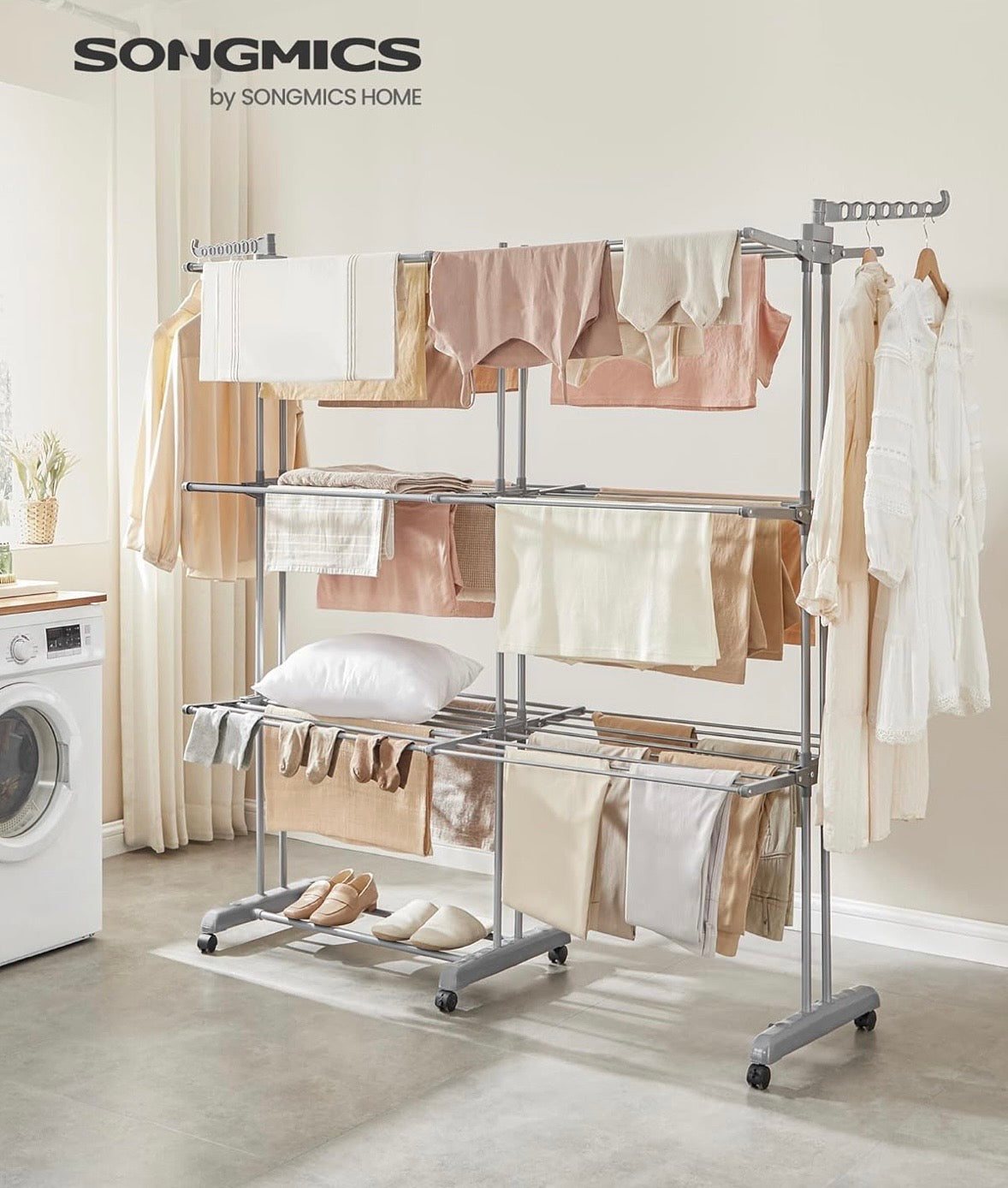 SONGMICS 4-Tier Clothes Drying Rack with Wheels – Dove Gray