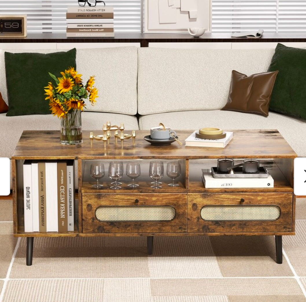 Mid-Century Modern Coffee Table w/ Storage Cabinets & Open Shelving