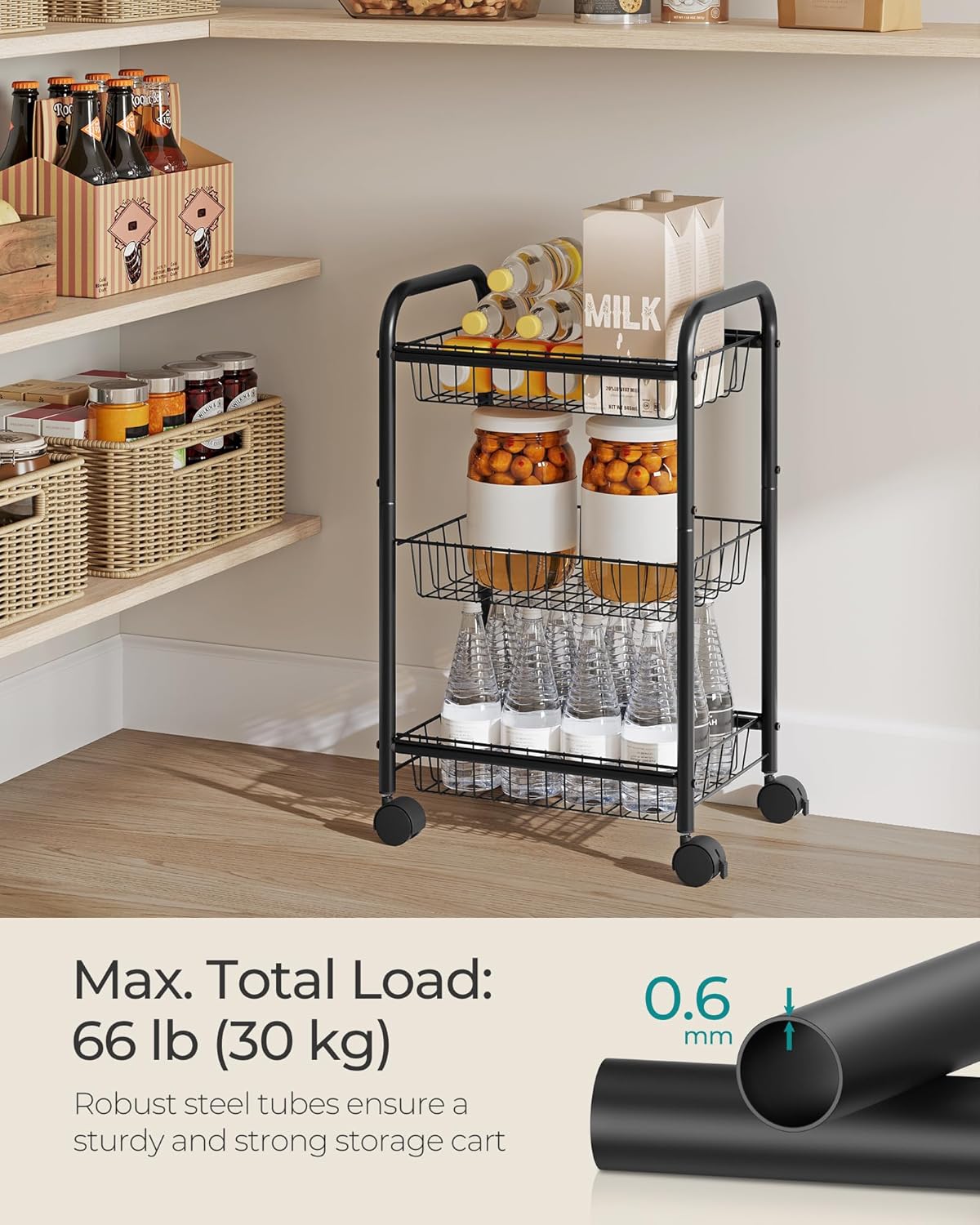 3-Tier Rolling Storage Cart – Black