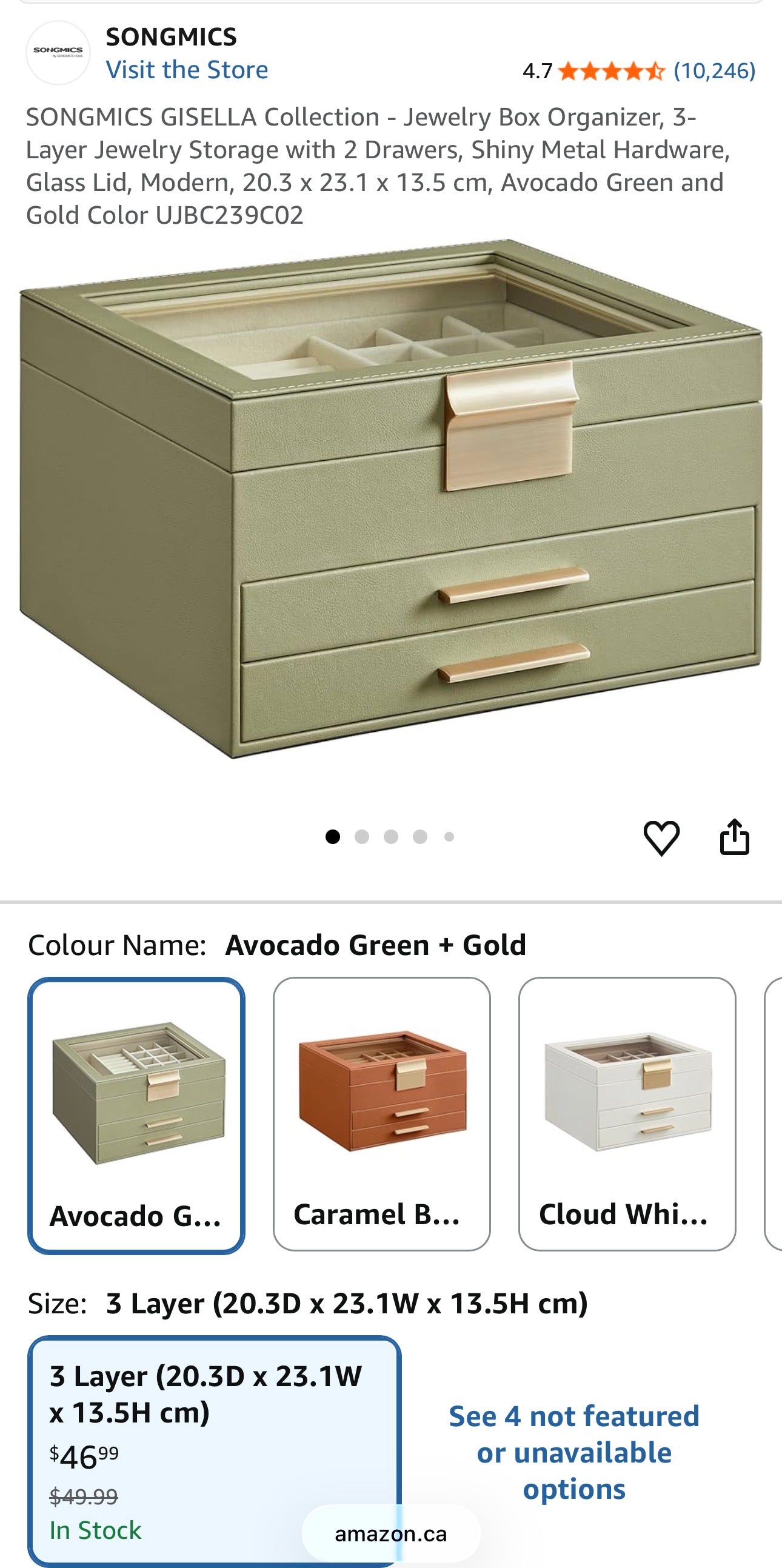 SONGMICS GISELLA Jewelry Box – Avocado Green & Gold