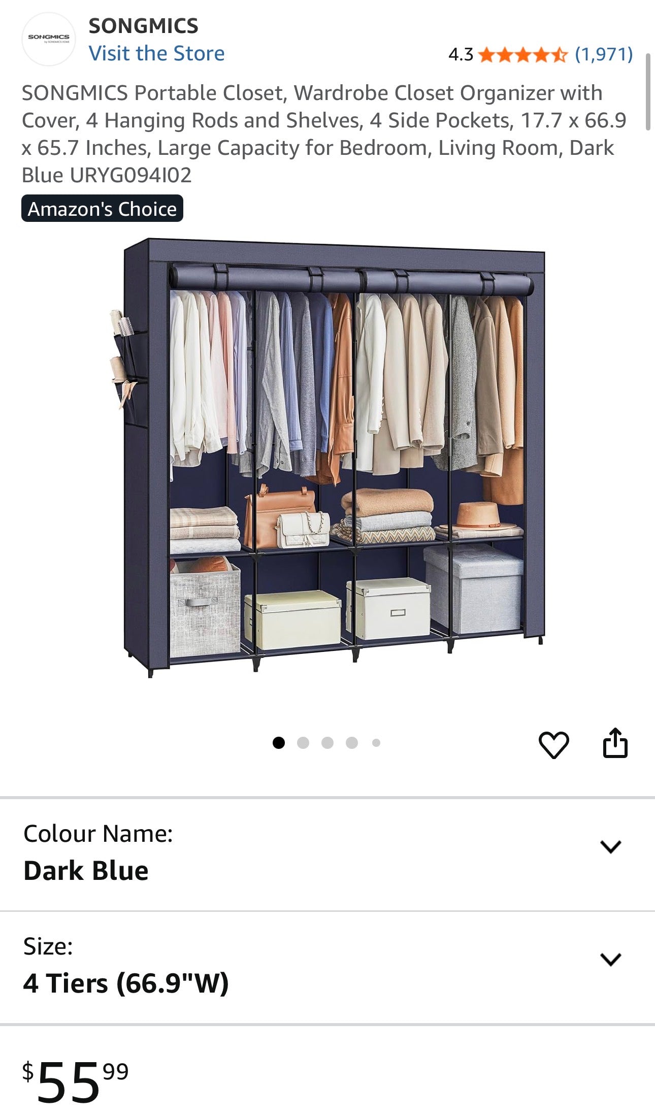SONGMICS 4-Tier Portable Closet Organizer