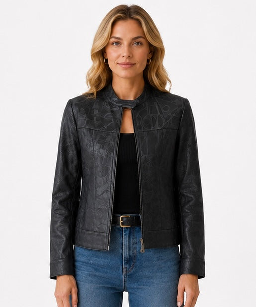 Women’s Embossed Biker Leather Jacket