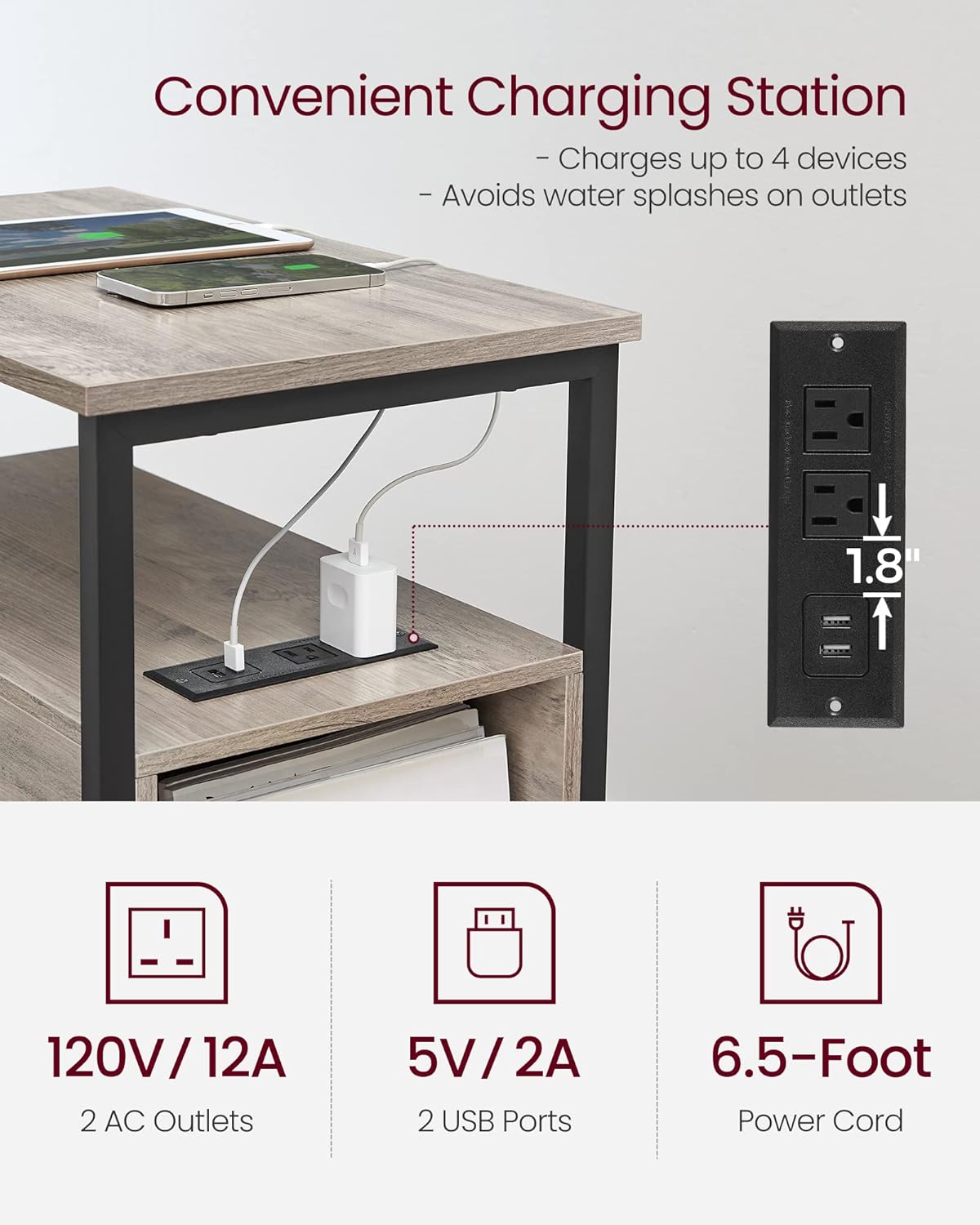 VASAGLE Narrow Side Table with Charging Station – Greige + Black
