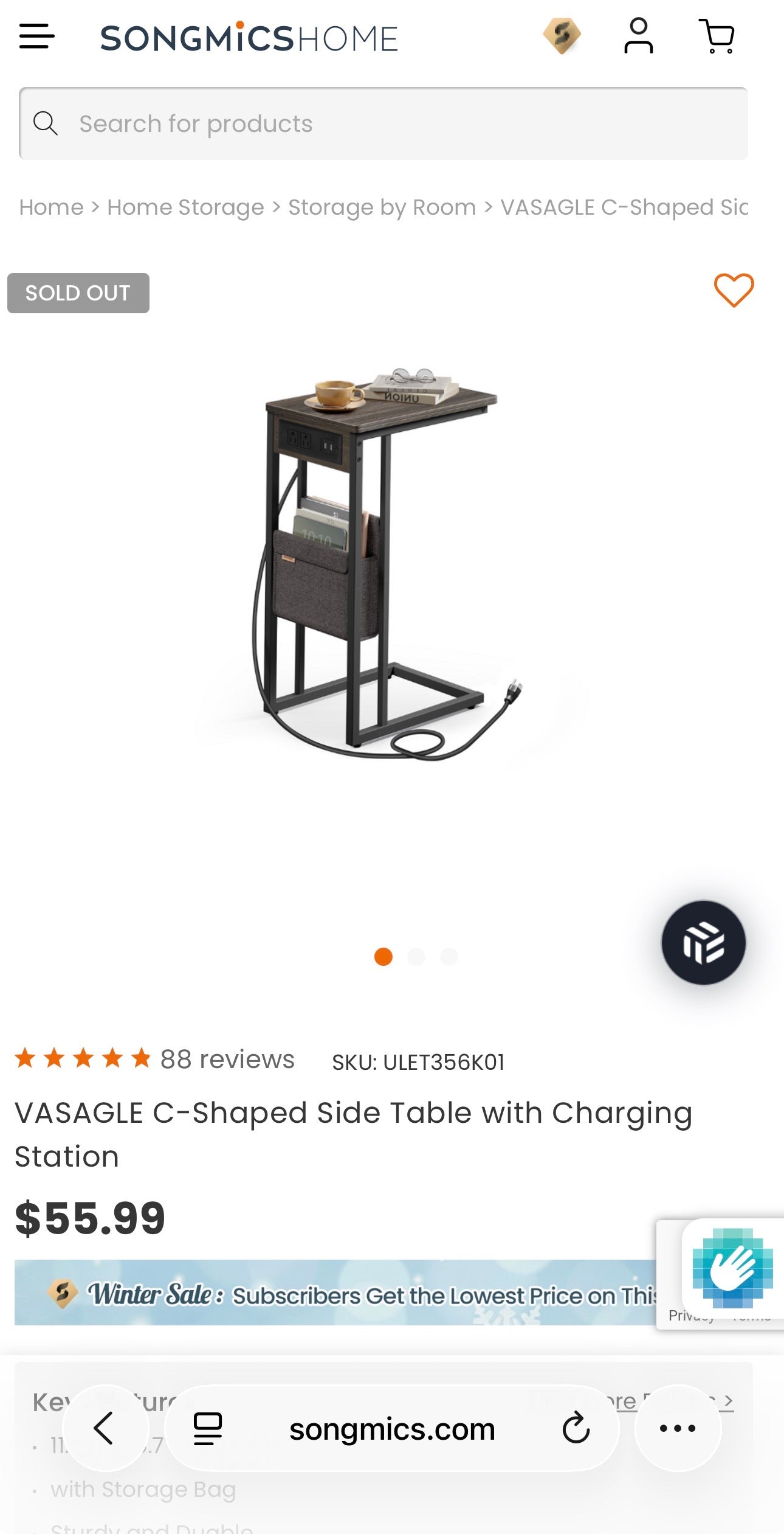 C-Shaped Side Table with Charging Station