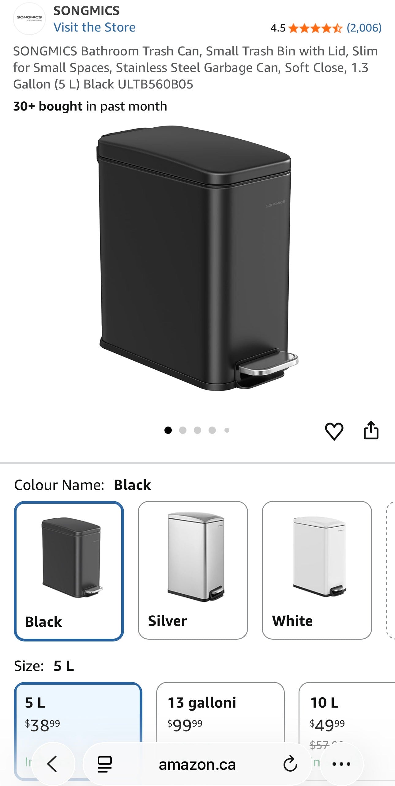 5L Slim Stainless Steel Bathroom Trash Can – Black