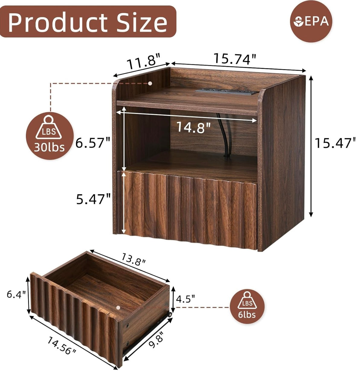 BuildHom Floating Wall-Mounted Nightstands – Walnut Finish (Set of 2)