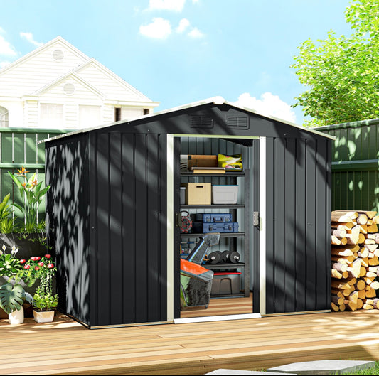 Outsunny 8×6 ft Metal Garden Storage Shed – Waterproof Steel Outdoor Tool Shed with Sliding Doors & Vents
