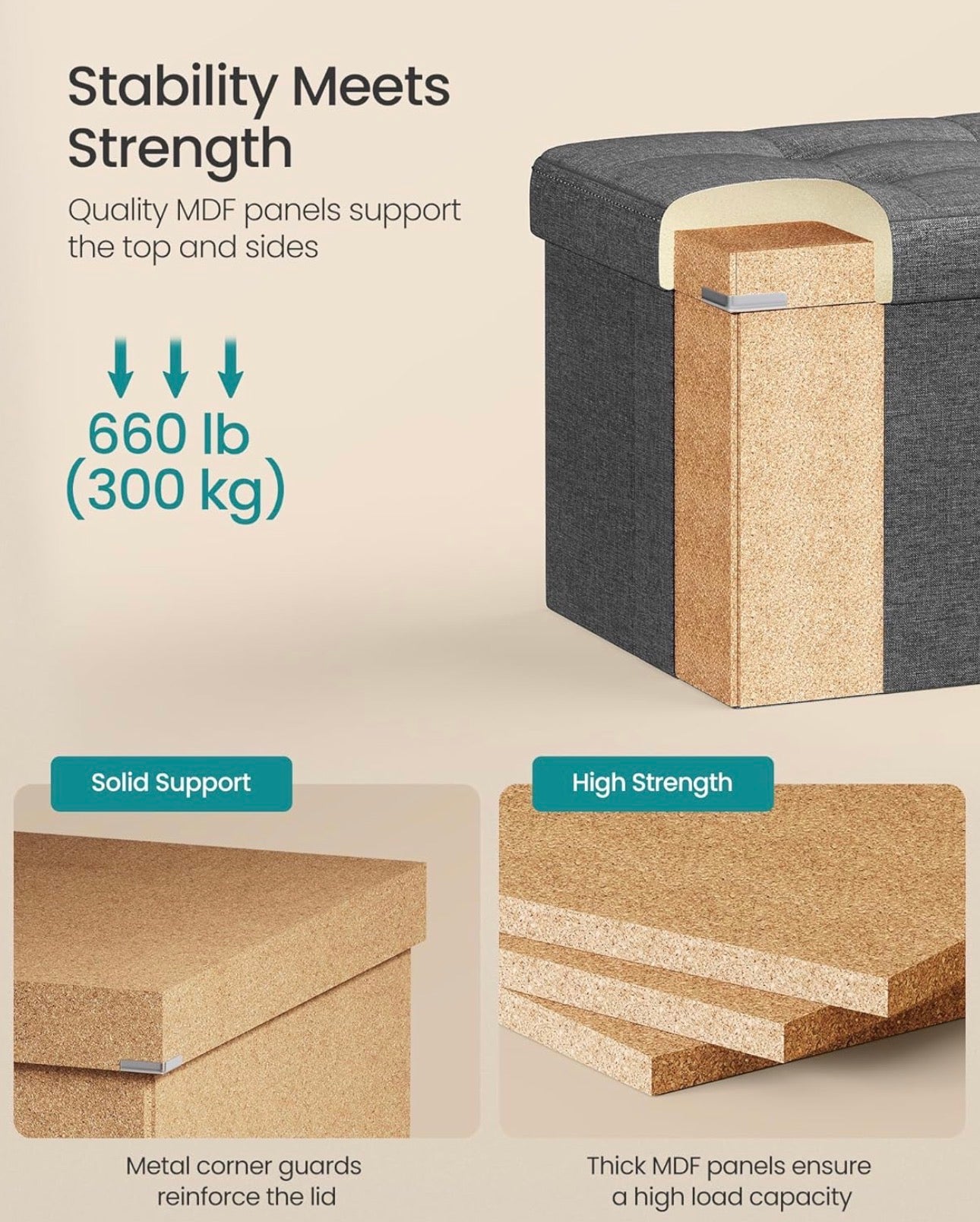 SONGMICS 110 cm Folding Storage Ottoman Bench