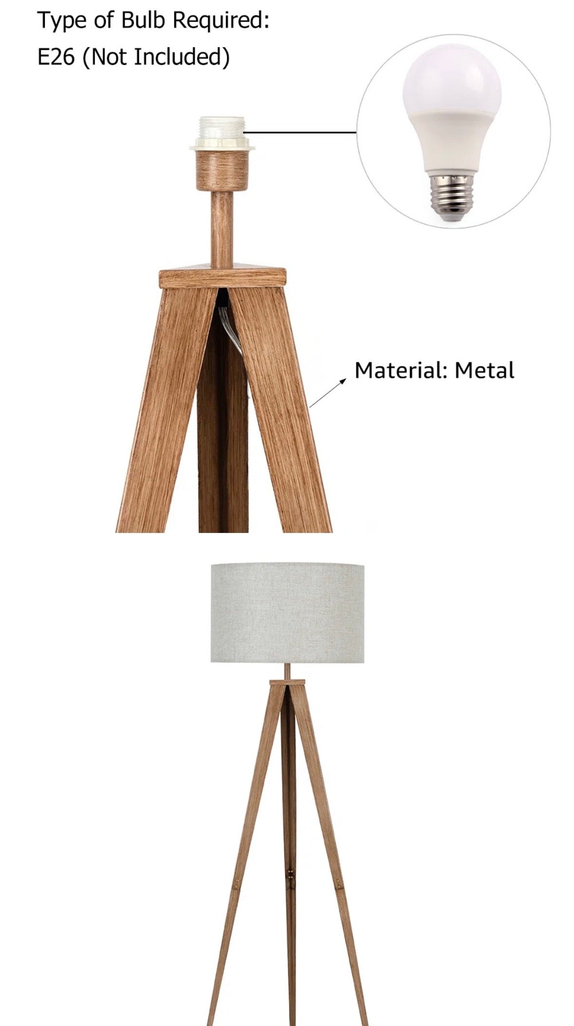 Modern 61” Tripod Floor Lamp – Metal Base with Drum Shade