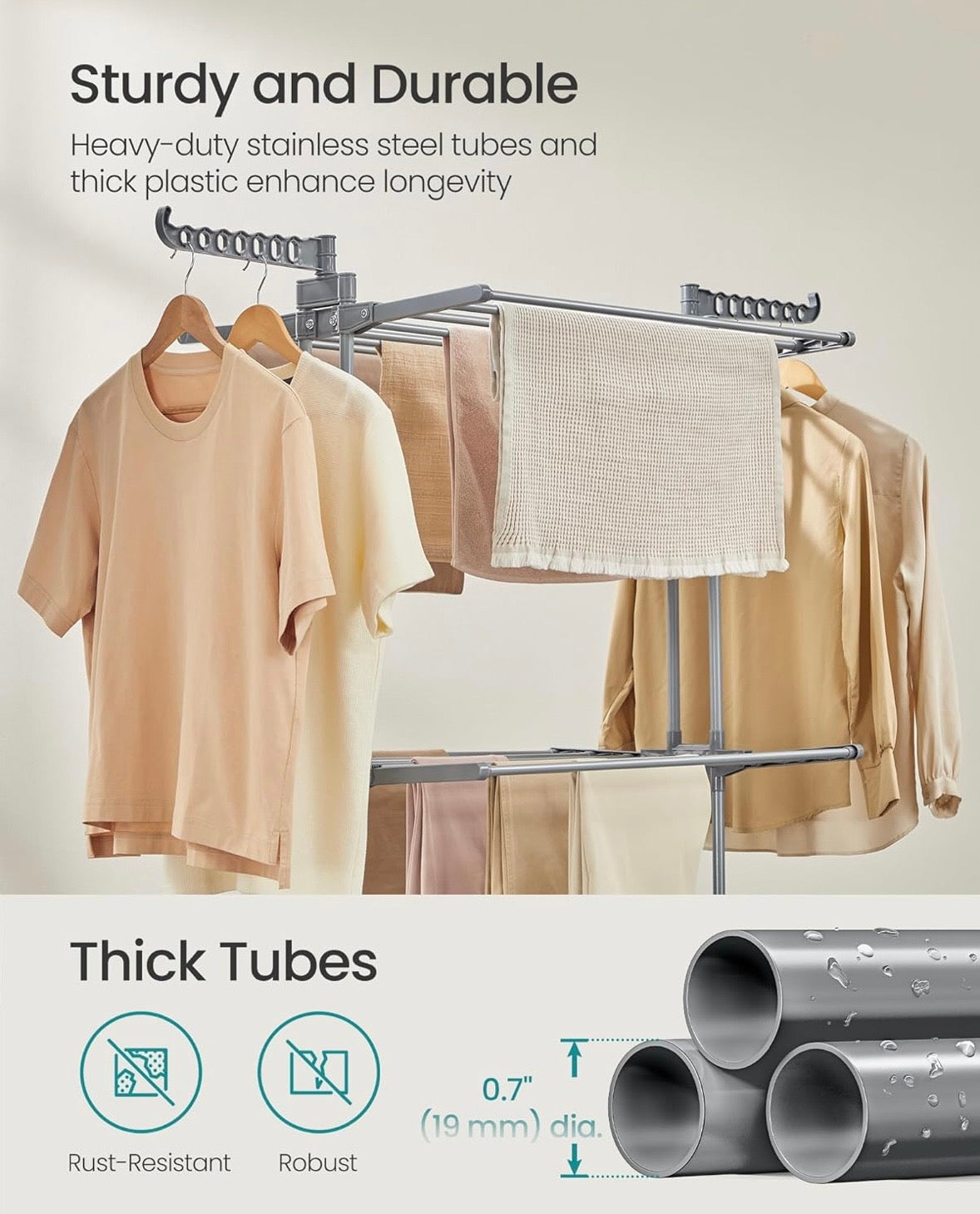 SONGMICS 3-Tier Clothes Drying Rack with Wheels – Dove Grey