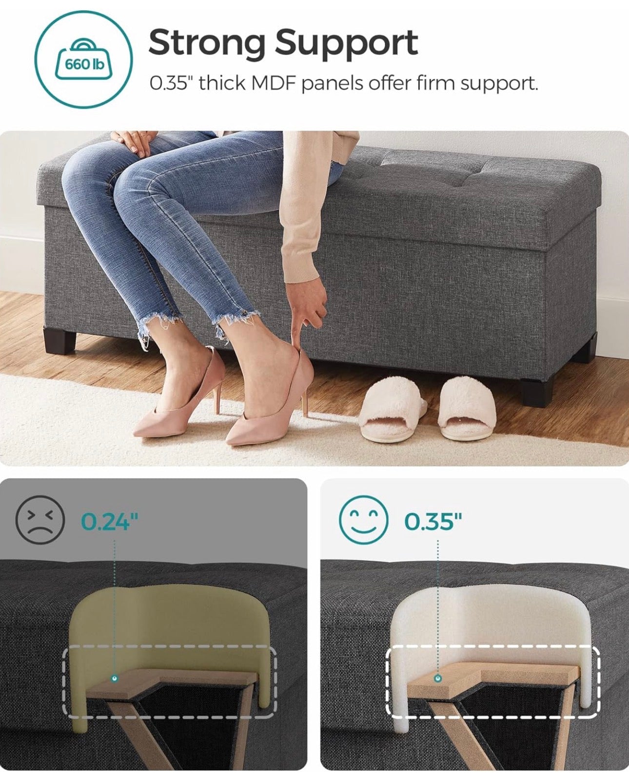 SONGMICS 43” Tufted Linen-Look Storage Ottoman Bench