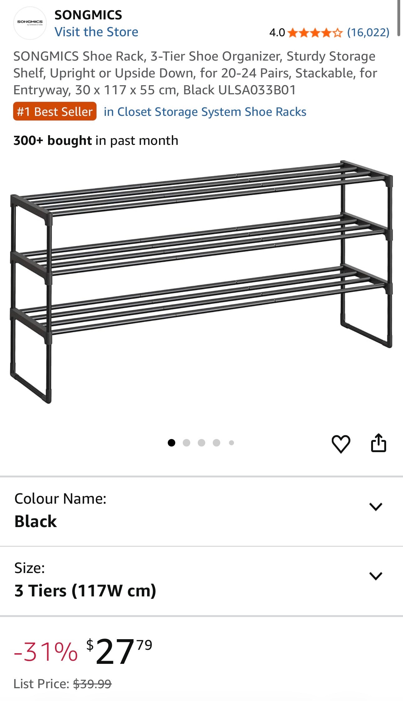 SONGMICS 3-Tier Expandable Metal Shoe Rack