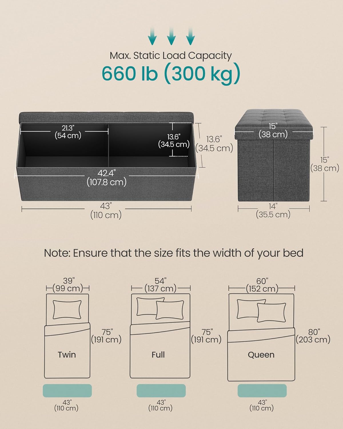 SONGMICS MAZIE Storage Ottoman Bench – Dark Gray