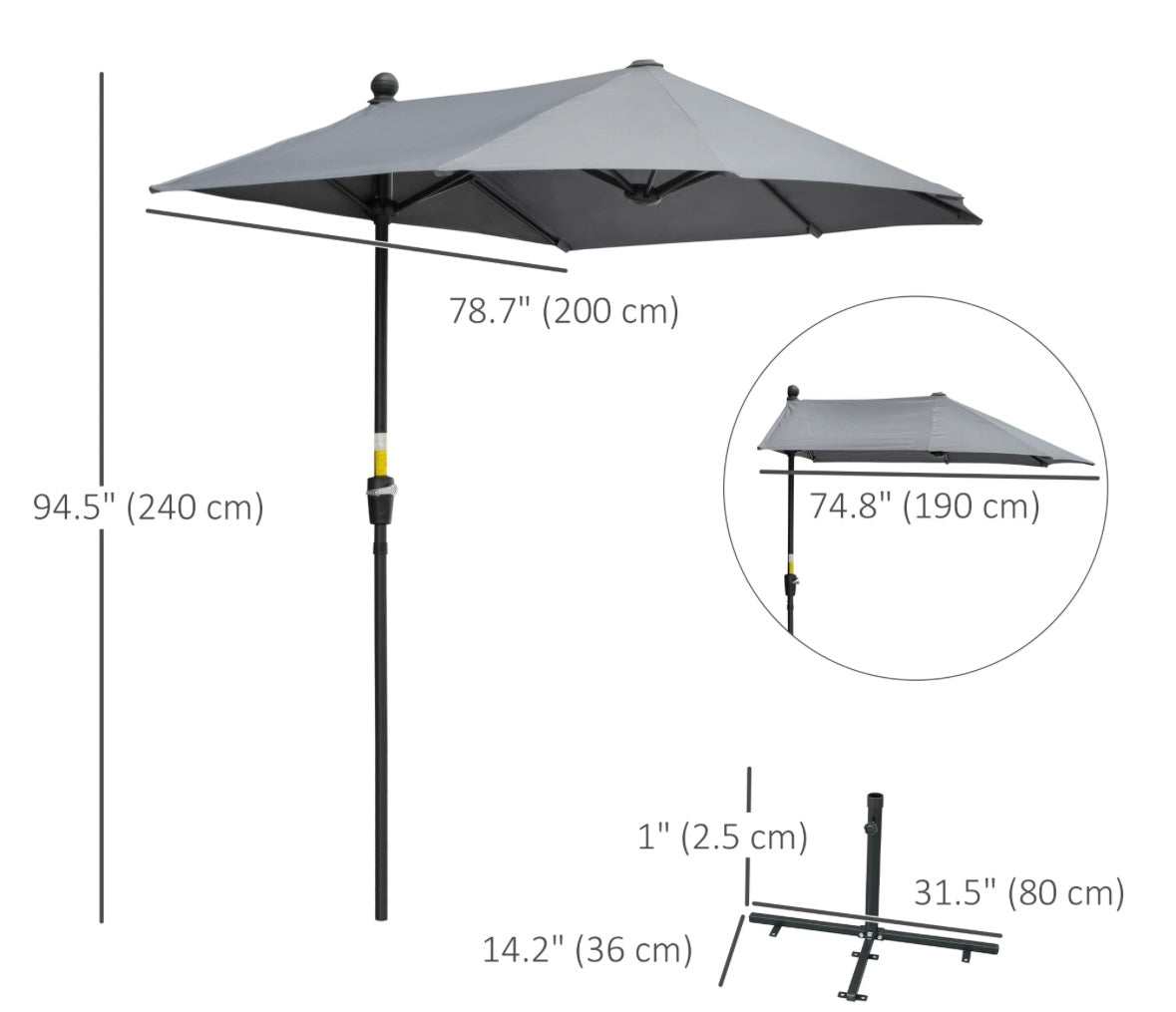 Outsunny Half Patio Umbrella — Wall-Mounted Design with Double-Sided Canopy & Crank Handle (Dark Grey)