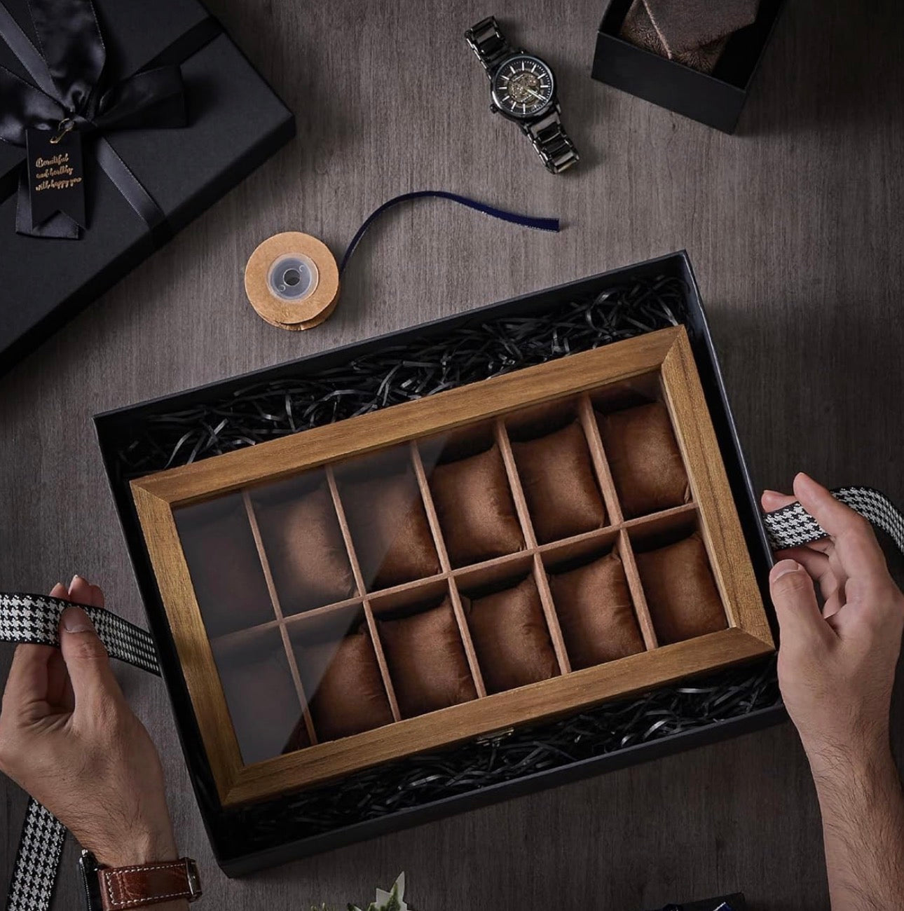 SONGMICS 12-Slot Wooden Watch Box – Rustic Walnut