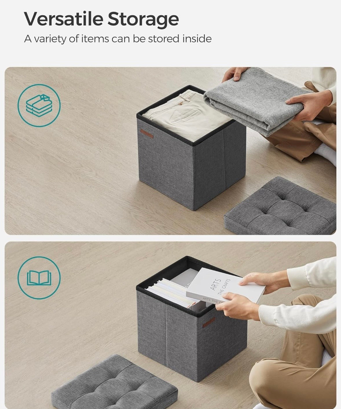 SONGMICS Foldable Storage Ottoman Cube – Dark Gray