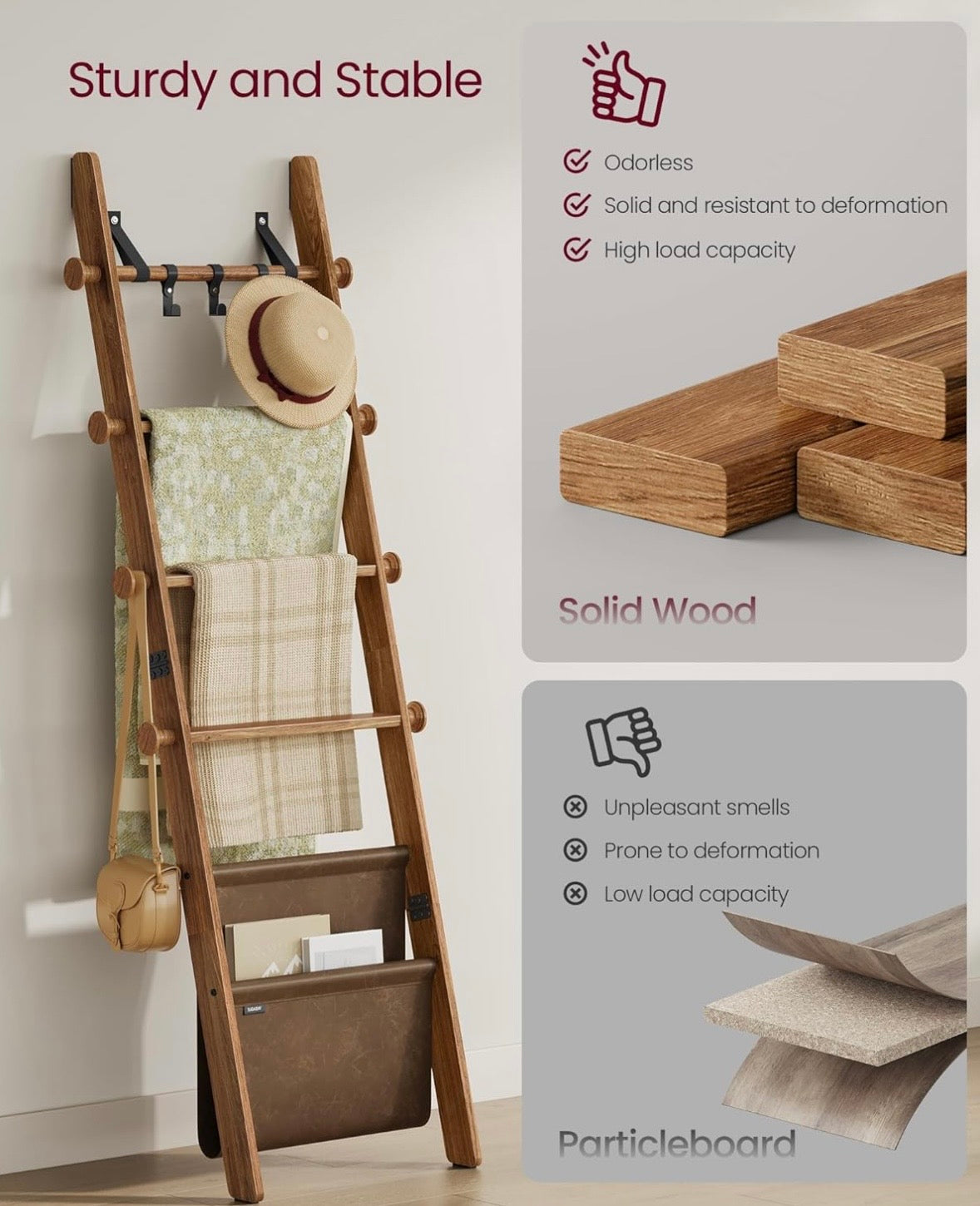 5-Tier Wooden Blanket Ladder with Hooks