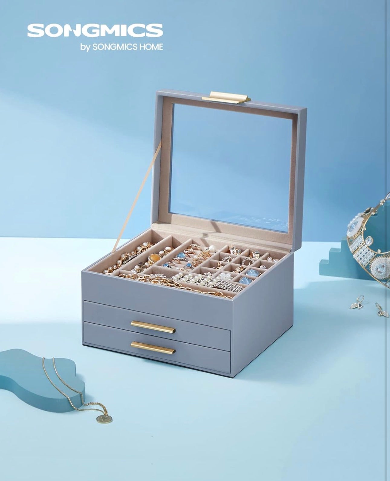 SONGMICS 3-Layer Jewelry Box Organizer with Glass Lid