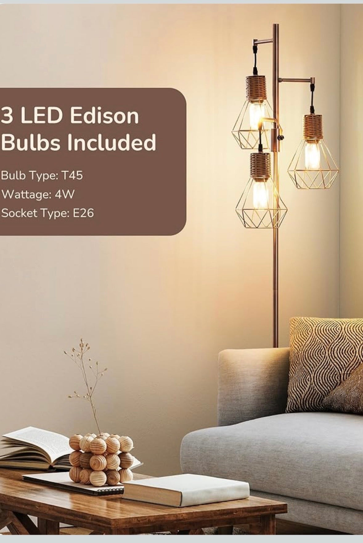 EDISHINE Farmhouse Tree Floor Lamp – 3-Light Diamond Lantern Design