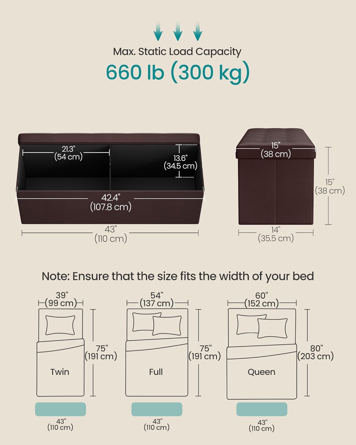 SONGMICS Folding Storage Ottoman Bench – Brown
