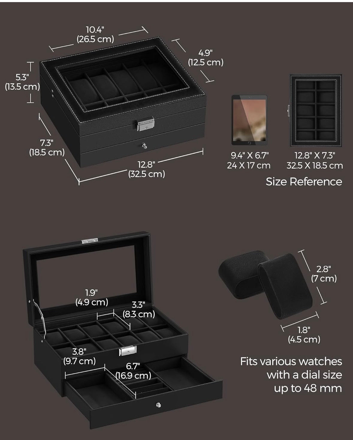 SONGMICS 12-Slot Watch Box Organizer with Glass Lid – Black