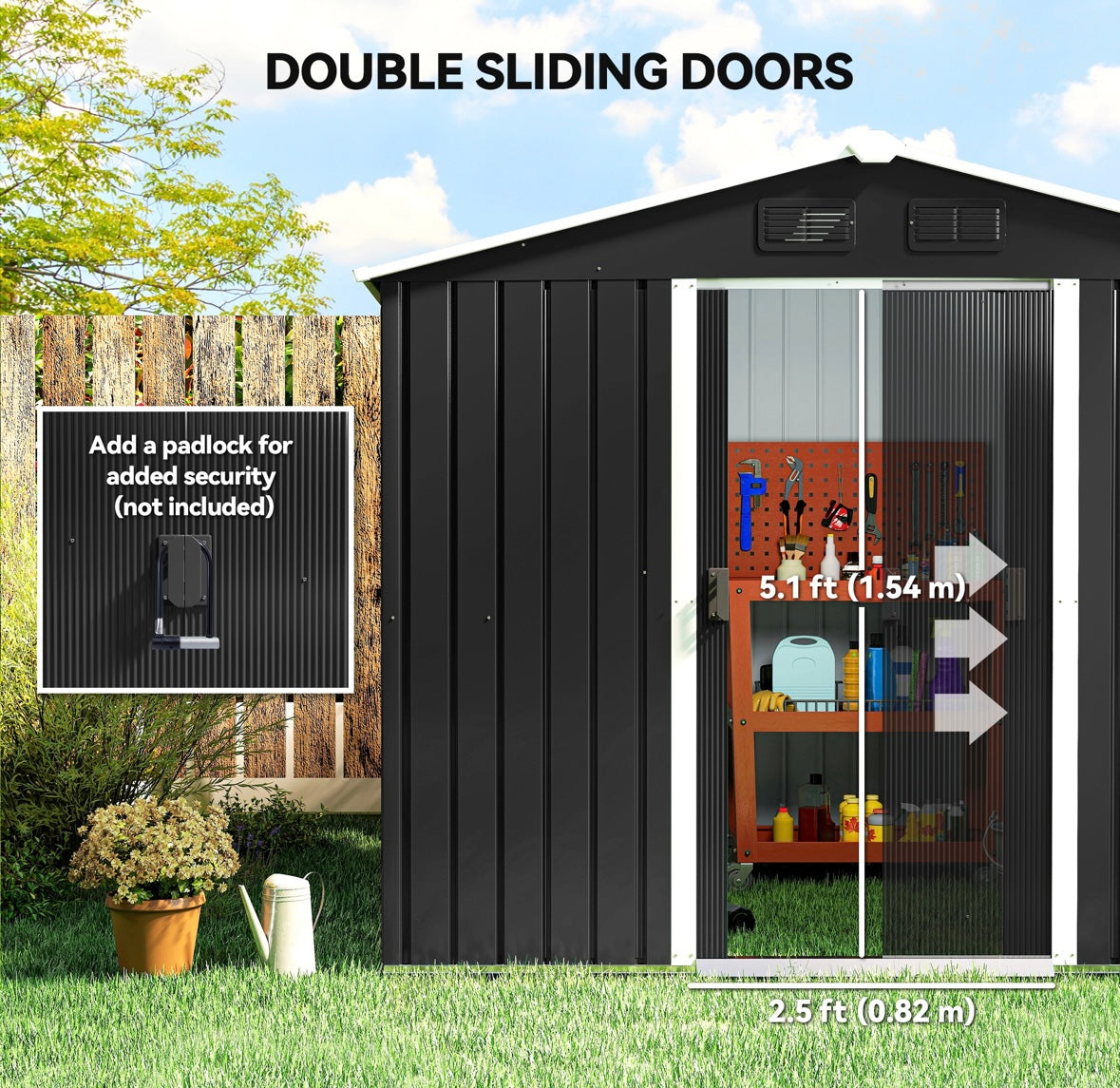 Outsunny 8×6 ft Metal Garden Storage Shed – Waterproof Steel Outdoor Tool Shed with Sliding Doors & Vents