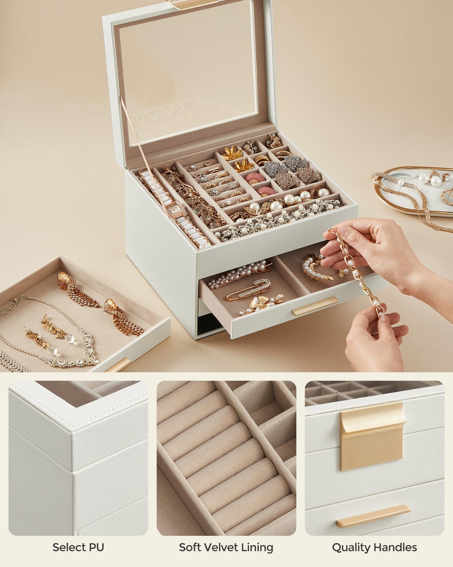 SONGMICS 4-Layer Jewelry Organizer Box – Cloud White + Gold
