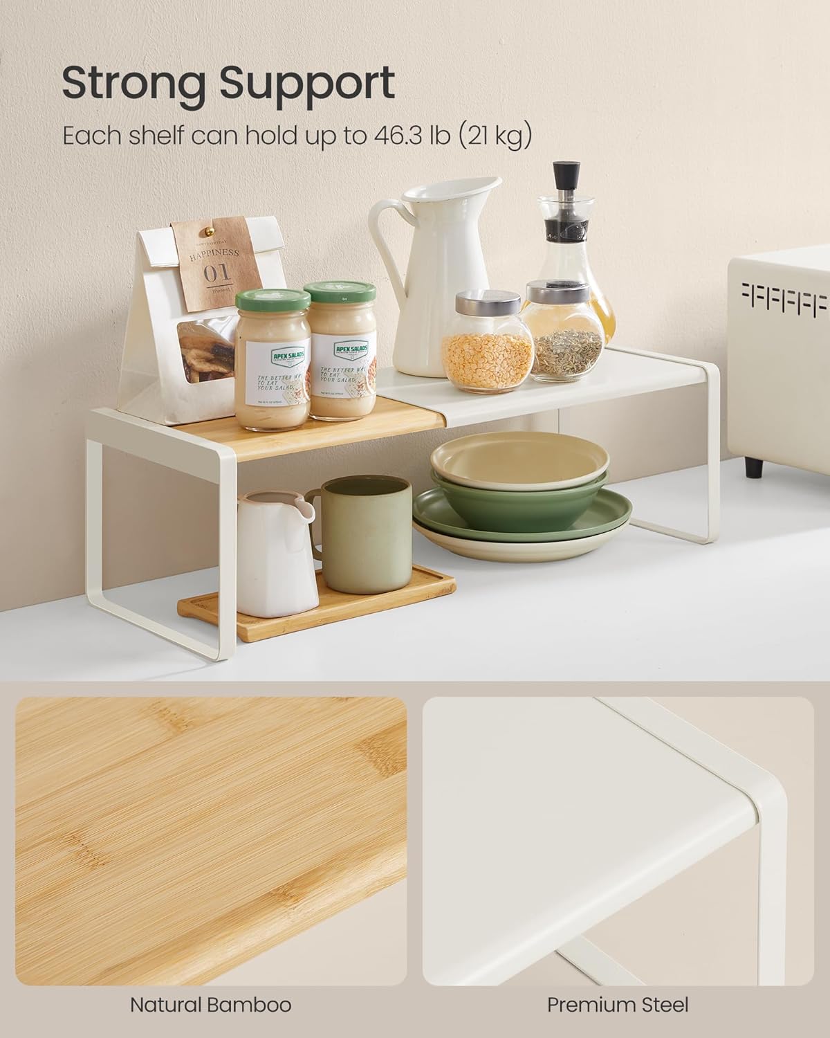 VASAGLE 2-Tier Expandable Counter Shelf – Natural Beige + Cream White