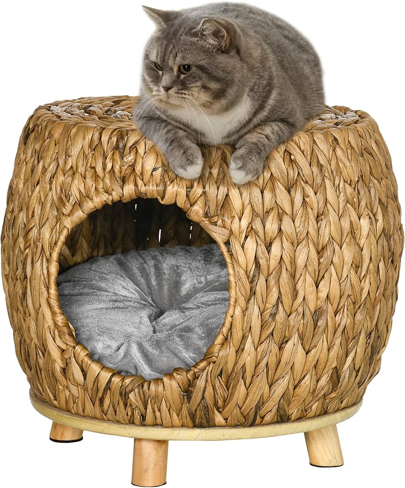 PawHut Wicker Cat House & Elevated Bed