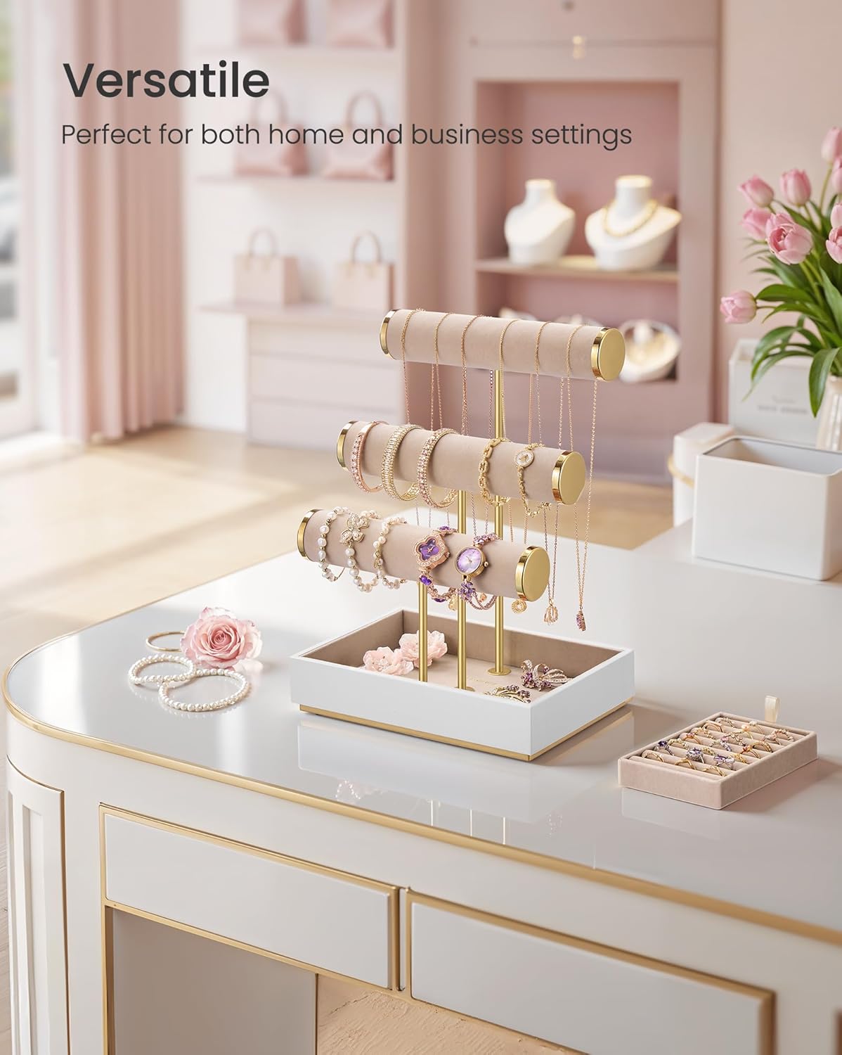 SONGMICS Jewelry Display Stand – Cloud White + Camel Brown