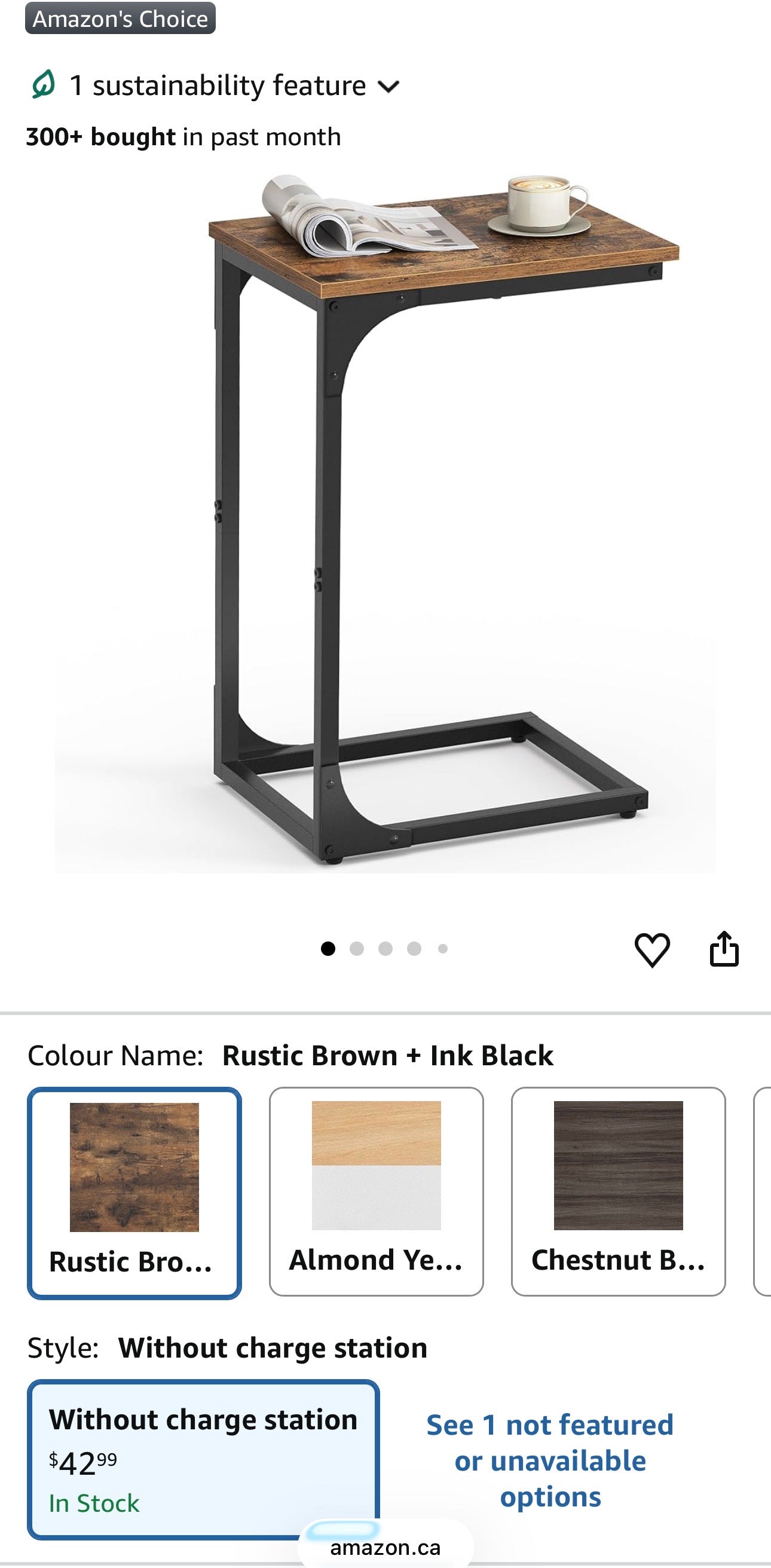 VASAGLE C-Shaped Side Table – Rustic Brown + Ink Black
