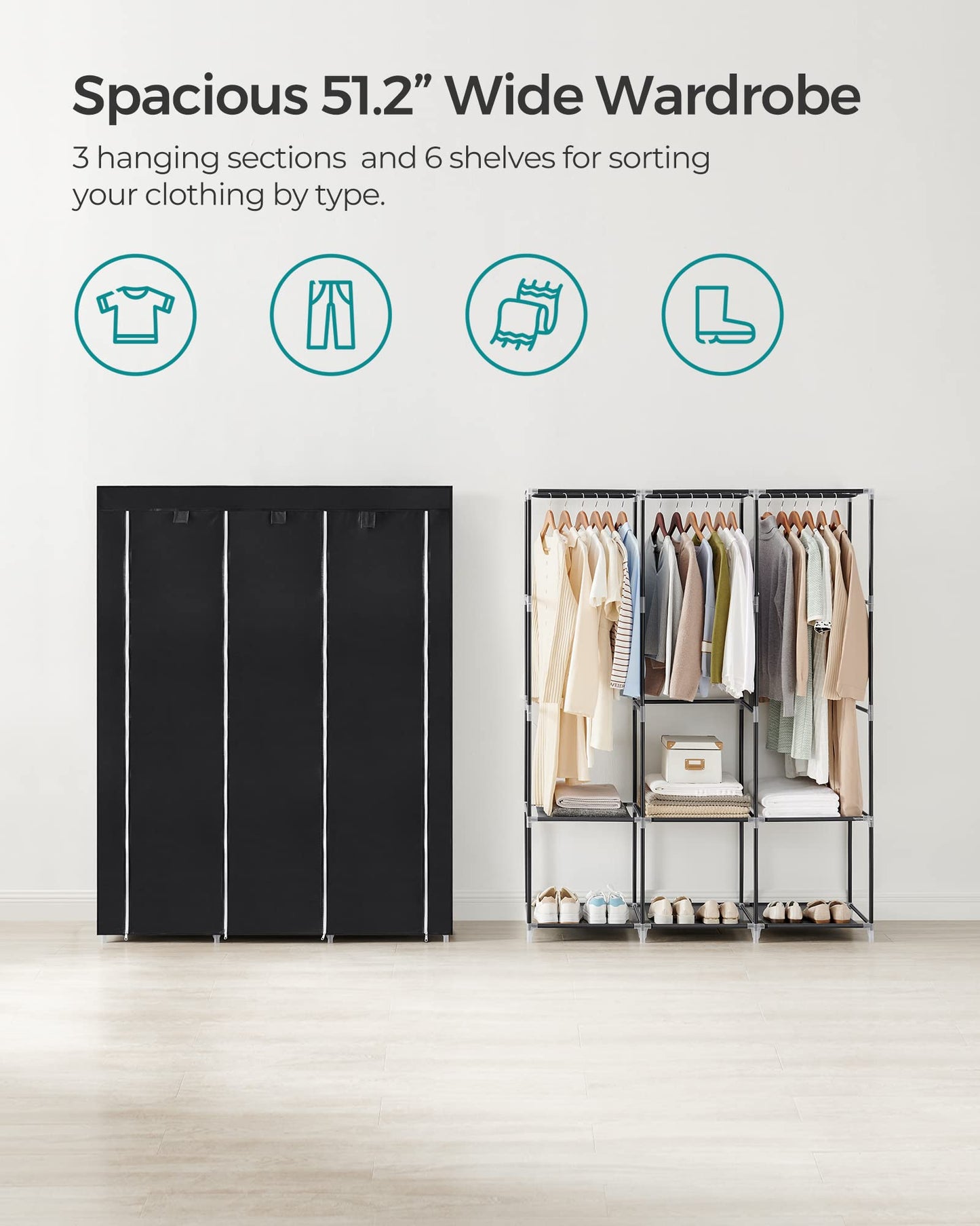 SONGMICS 3-Tier Portable Wardrobe Closet – Ink Black