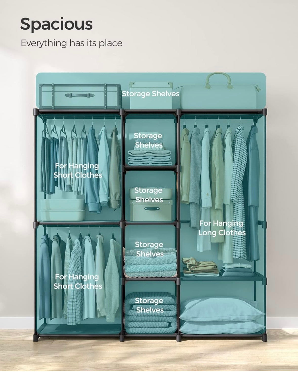 SONGMICS Portable Closet Organizer with Shelves – Black