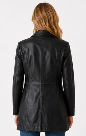 Women’s Tailored Black Leather Jacket – Classic Mid-Length Style