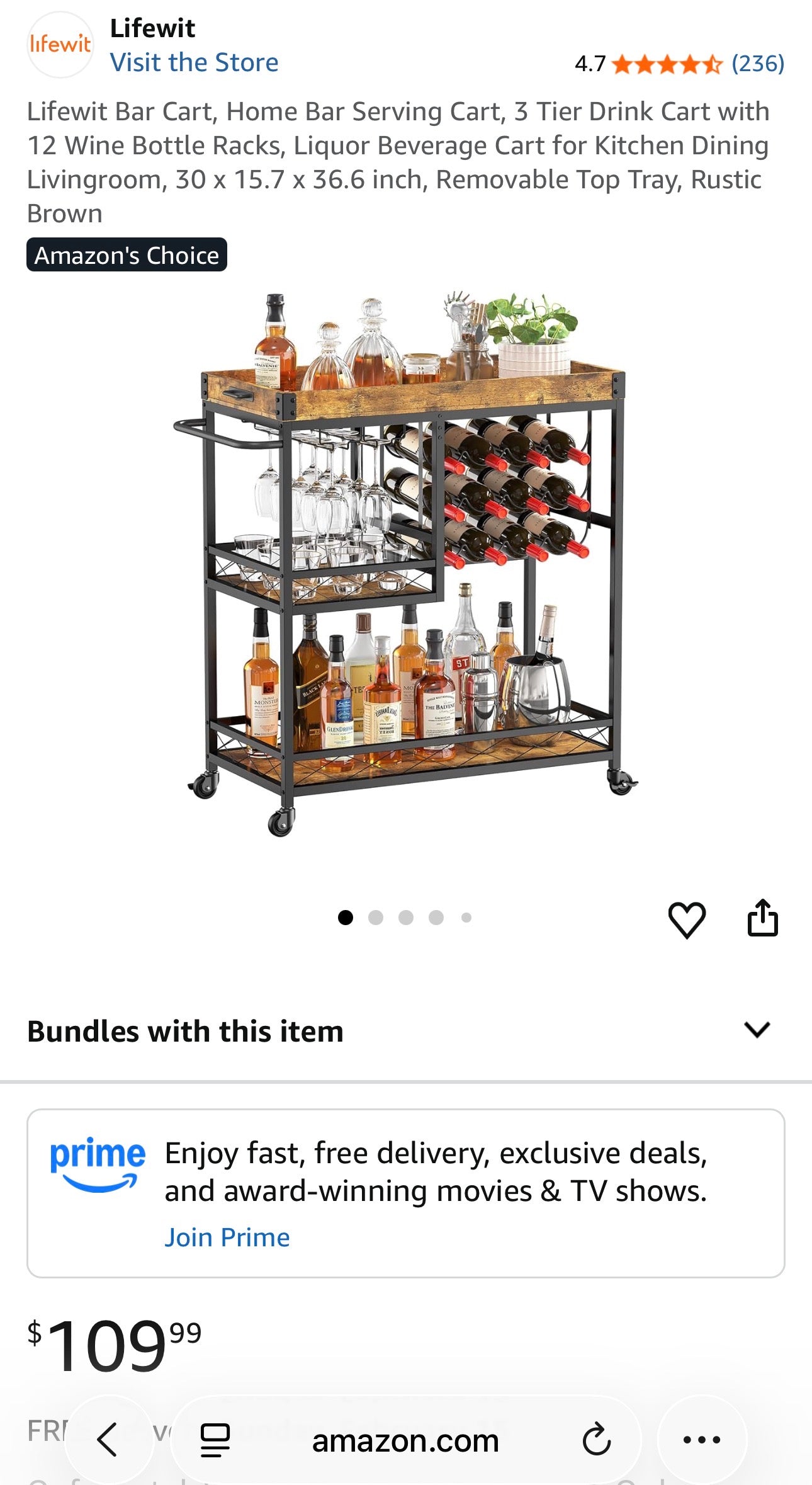 Lifewit Rustic Bar Cart with Wine Rack