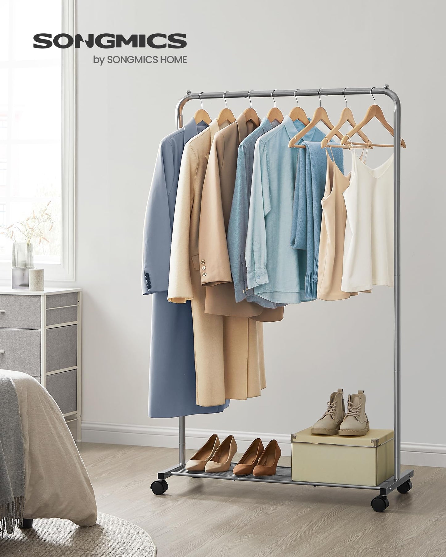 SONGMICS Rolling Garment Rack with Storage Shelf