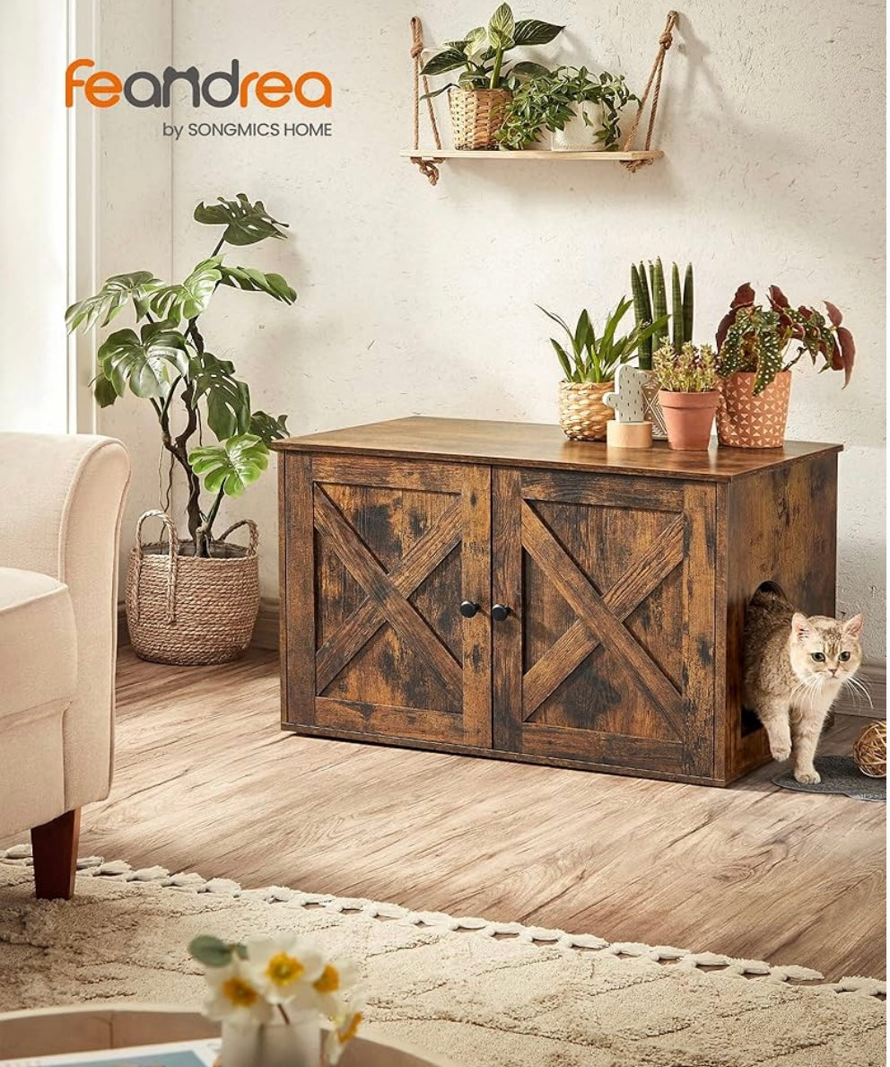 Rustic Cat Litter Box Enclosure with Barn Doors – Multi-Use Cat Furniture Cabinet (Brown Wood Finish)